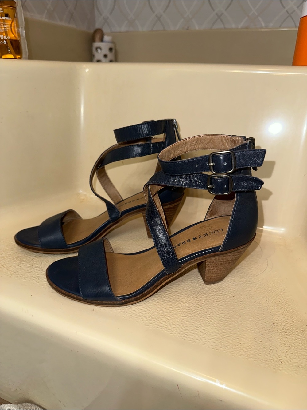Lucky Brand Navy Leather Double-Buckle Block Heel Sandals